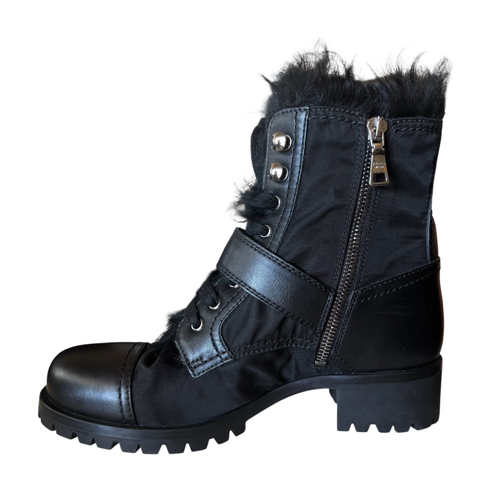🆕💞Prada Faux Fur Trim Combat / Biker Moto Boots Black Leather & Re-Nylon • 37 EU - Picture 3 of 9